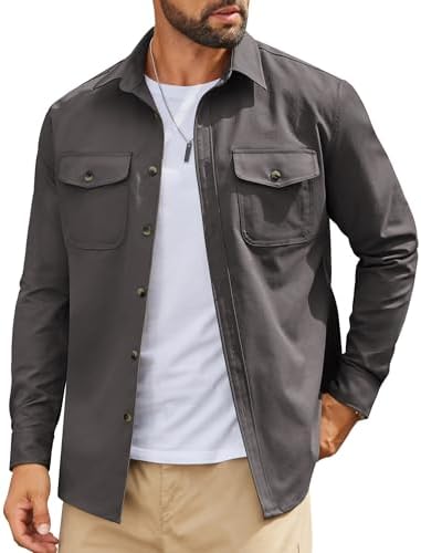 RSZGSWS Mens Shirt Jacket with Flap Pocket Woolen Blend Lapel